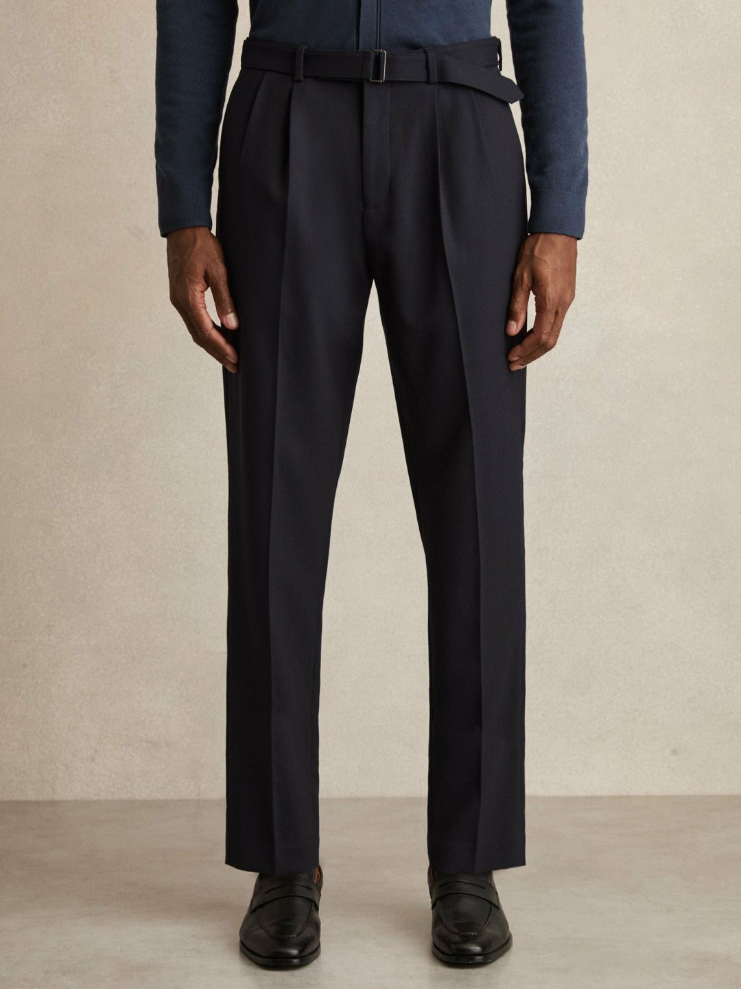Reiss | Wool-Blend Belted Pleated Trousers Regular-Fit in Navy
