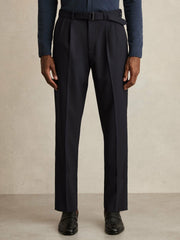 Reiss | Wool-Blend Belted Pleated Trousers Regular-Fit in Navy