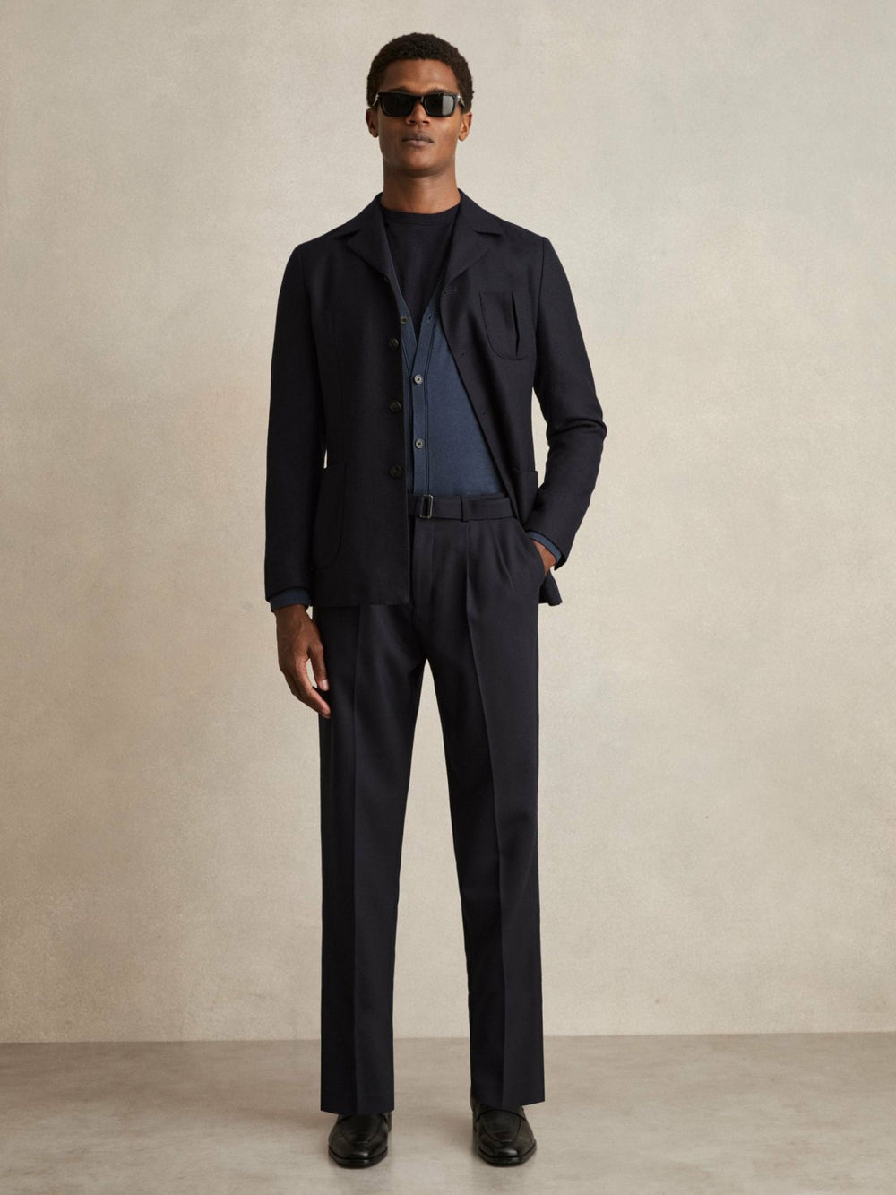 Reiss | Wool-Blend Belted Pleated Trousers Regular-Fit in Navy