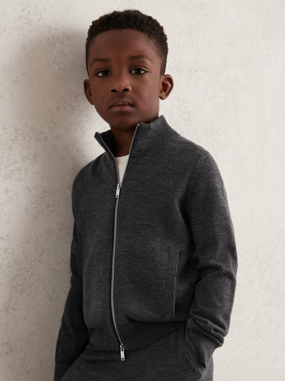Reiss | 9-13 yrs Merino Wool-Blend Zip-Through Cardigan in Derby Grey Melange