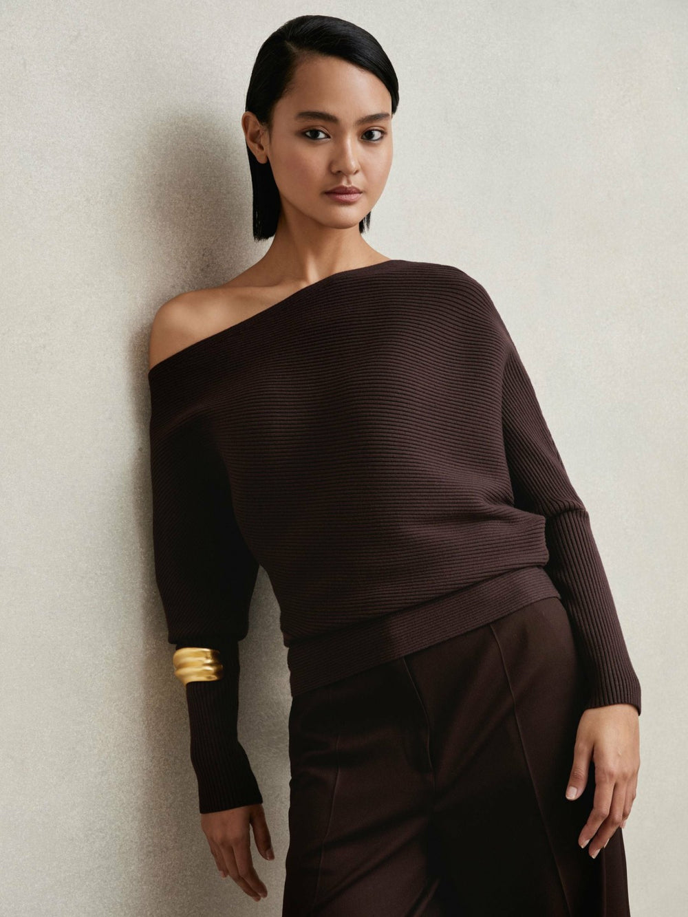 Reiss | Asymmetric Draped Knitted Jumper in Plum