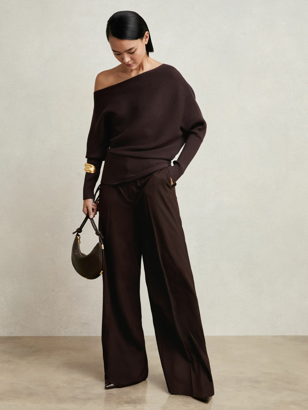 Reiss | Asymmetric Draped Knitted Jumper in Plum