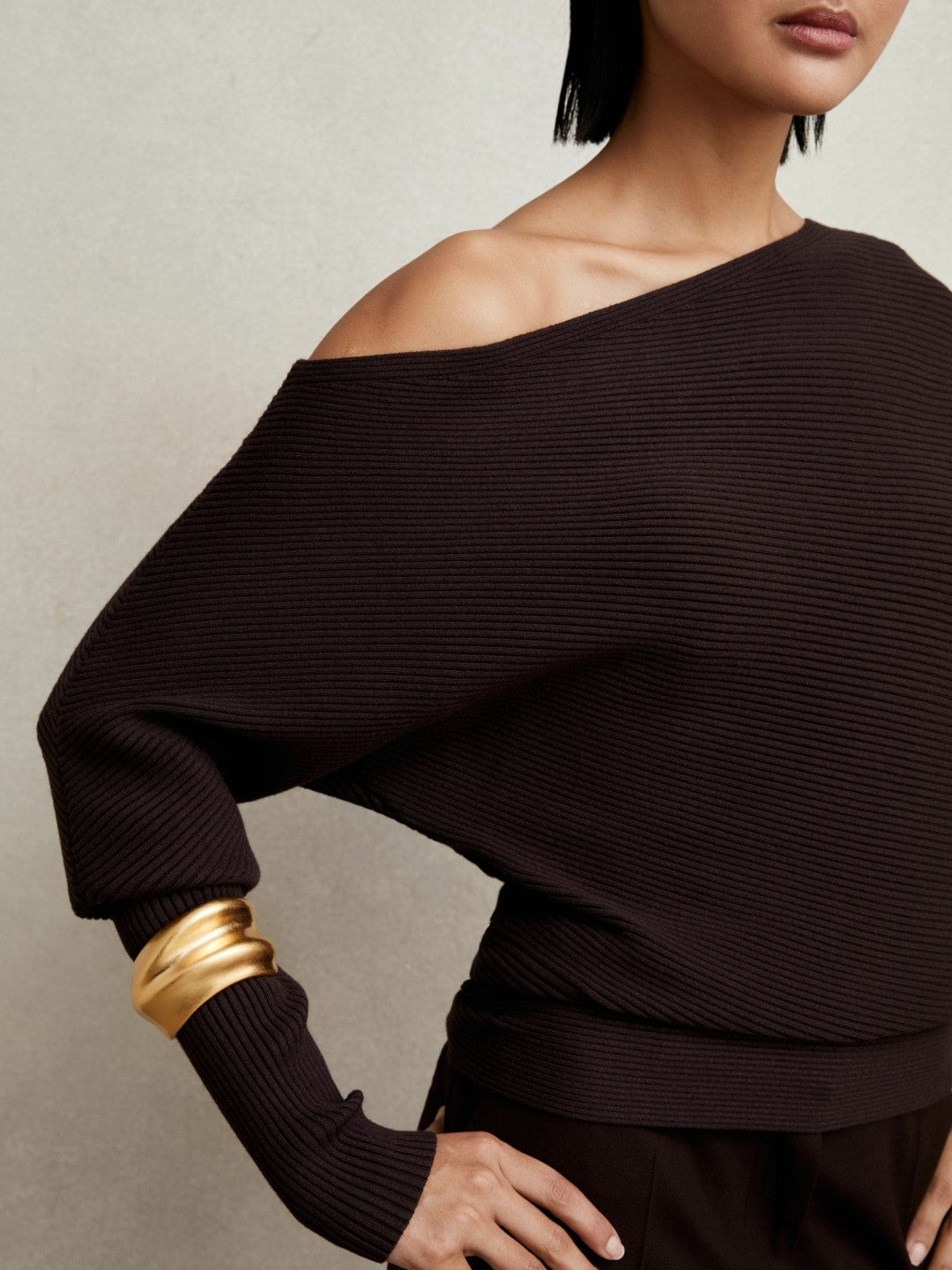 Reiss | Asymmetric Draped Knitted Jumper in Plum