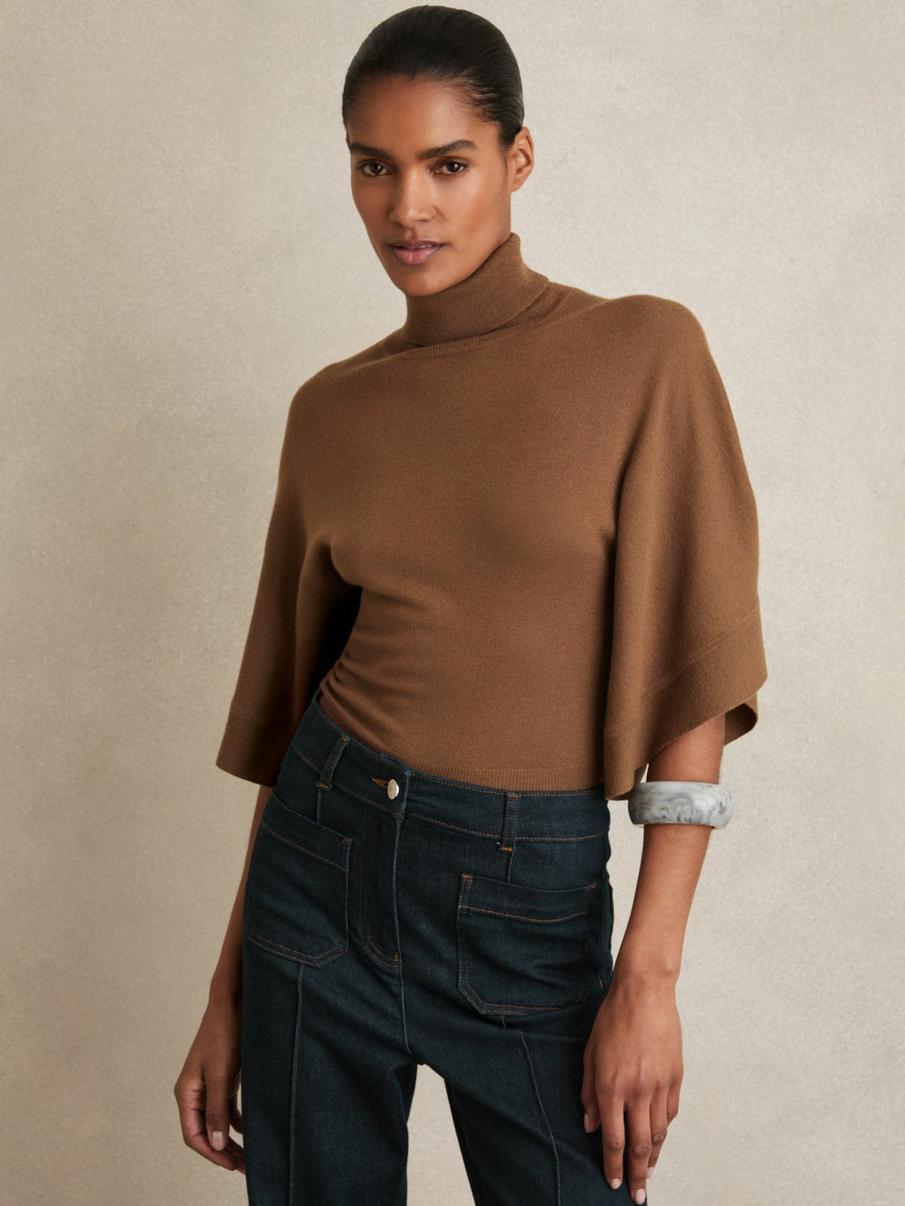Reiss | Merino Wool Batwing Roll-Neck Jumper in Tan