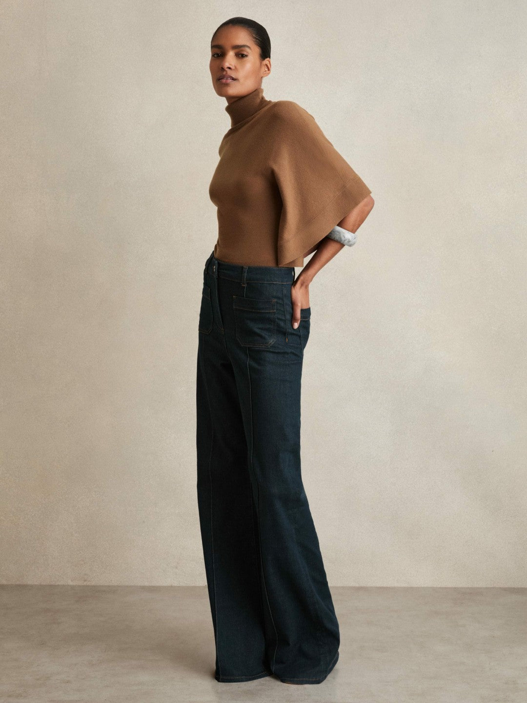 Reiss | Merino Wool Batwing Roll-Neck Jumper in Tan