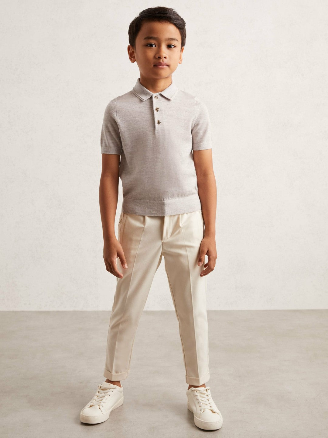 Reiss | 3-9 yrs Merino Wool Short Sleeve Polo Shirt in Wicker Melange