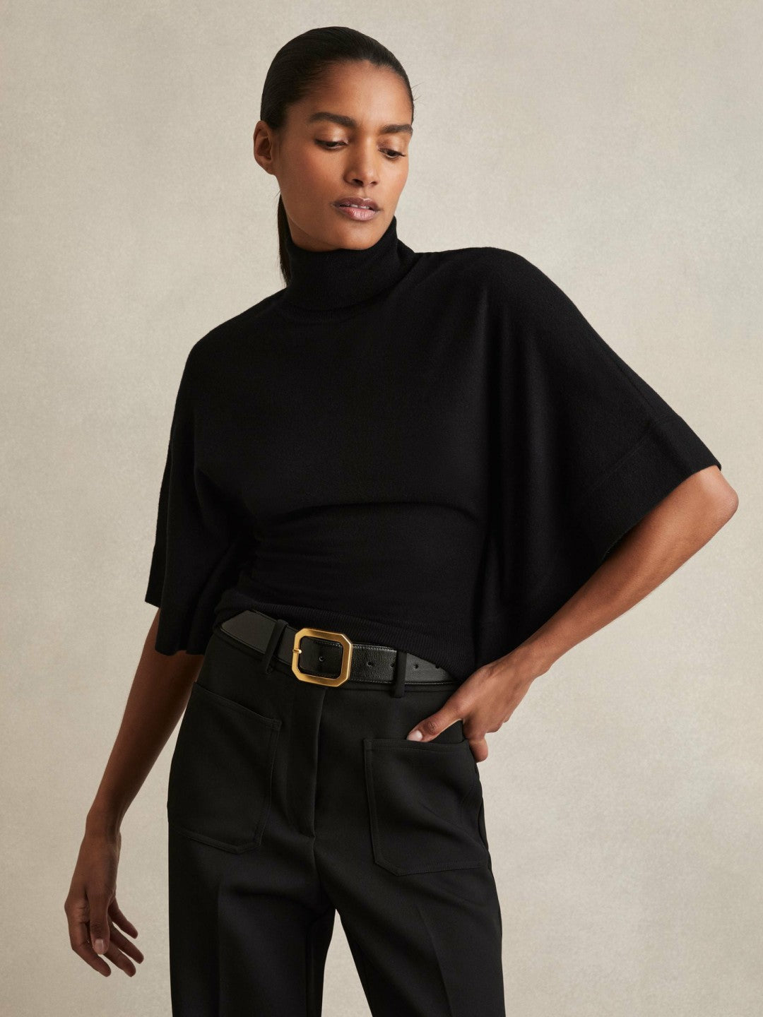 Reiss | Merino Wool Batwing Roll-Neck Jumper in Black