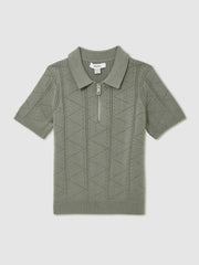 Reiss | 3-9 yrs Half-Zip Pointelle Polo Shirt in Sage