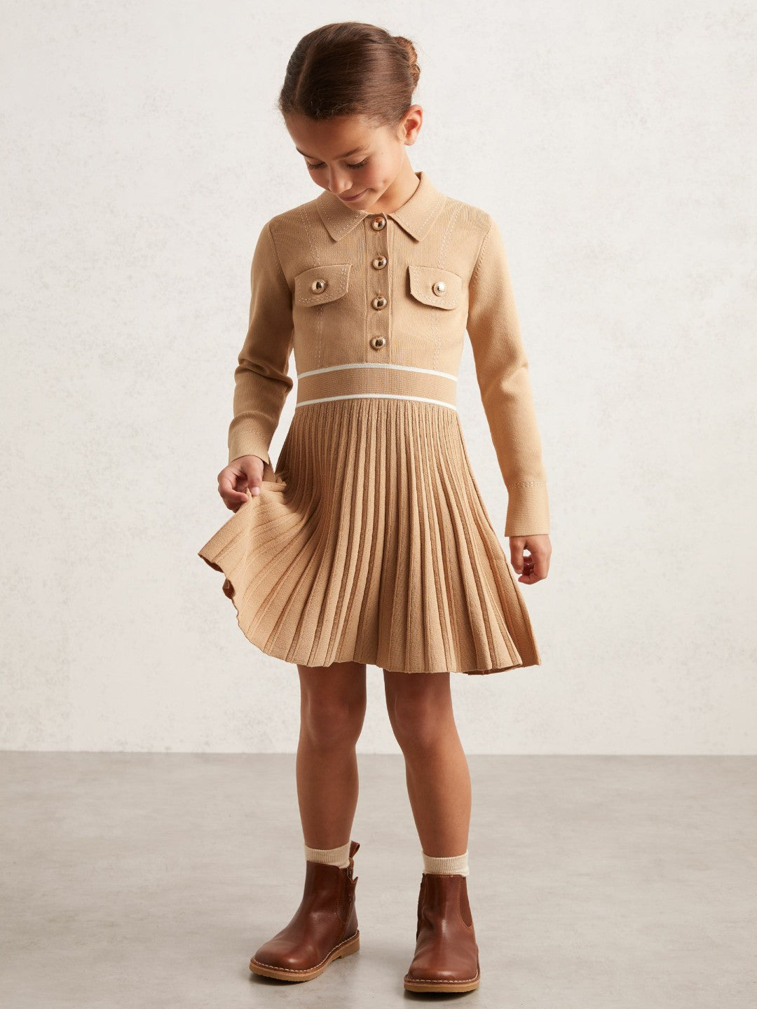 Reiss | 3-9 yrs Button-Detail Stripe Knitted Dress in Camel