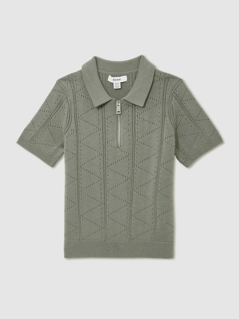Reiss | 9-13 yrs Half-Zip Pointelle Polo Shirt in Sage