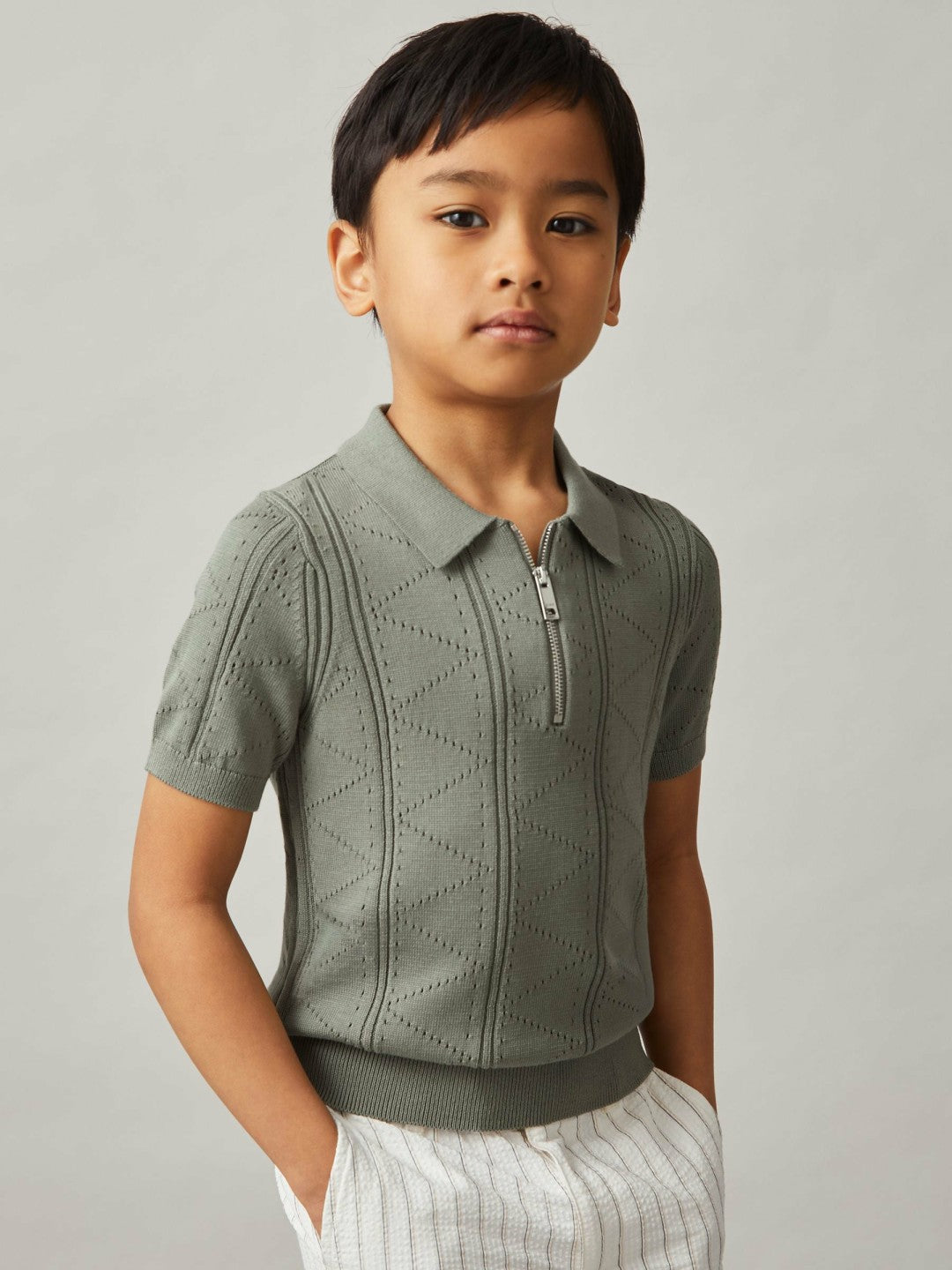 Reiss | 9-13 yrs Half-Zip Pointelle Polo Shirt in Sage