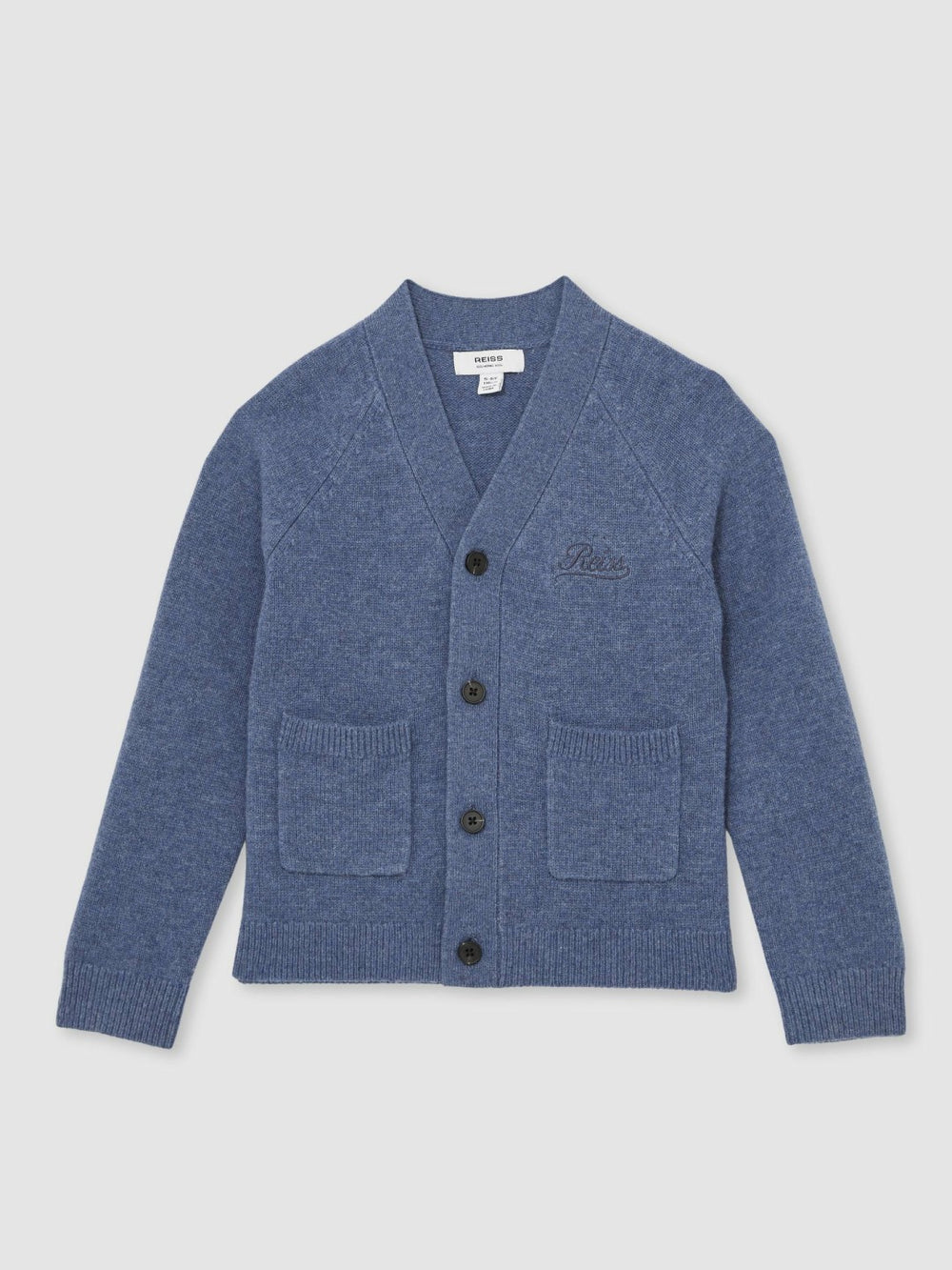 Reiss | 3-9 yrs Wool Embroidered-Logo Cardigan in Dark Airforce Blue