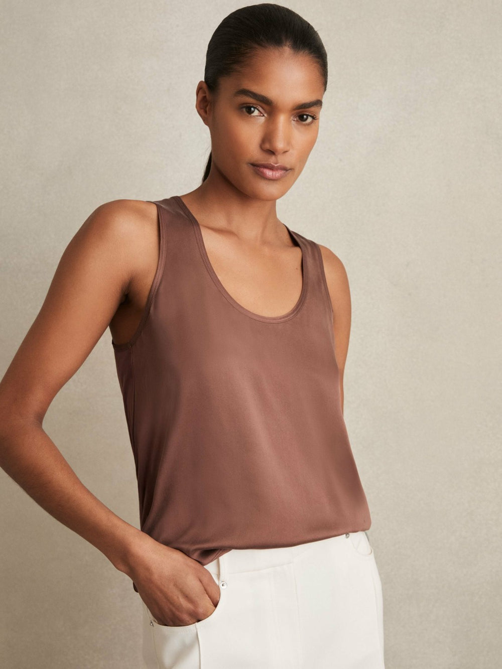 Reiss | Silk-Front Cami Top in Mocha Brown
