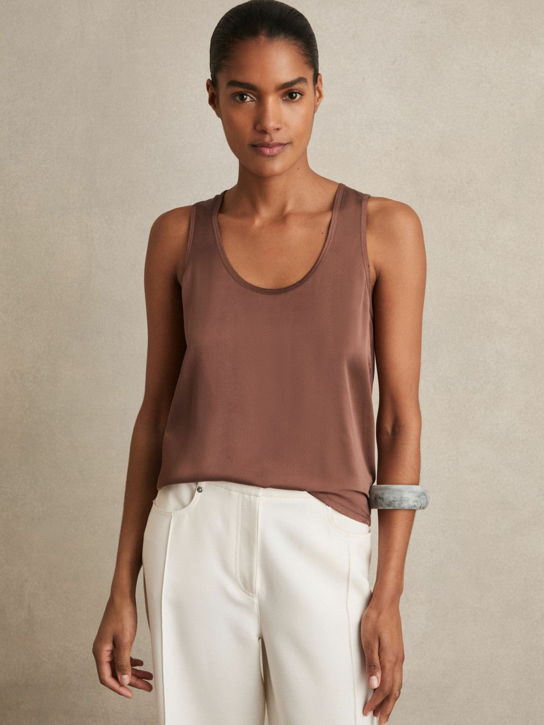 Reiss | Silk-Front Cami Top in Mocha Brown