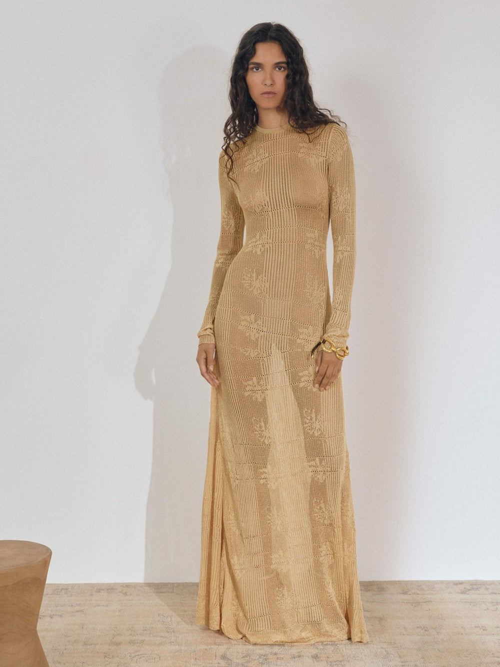 Reiss | Lace-Knit Ruched Maxi Dress in Gold
