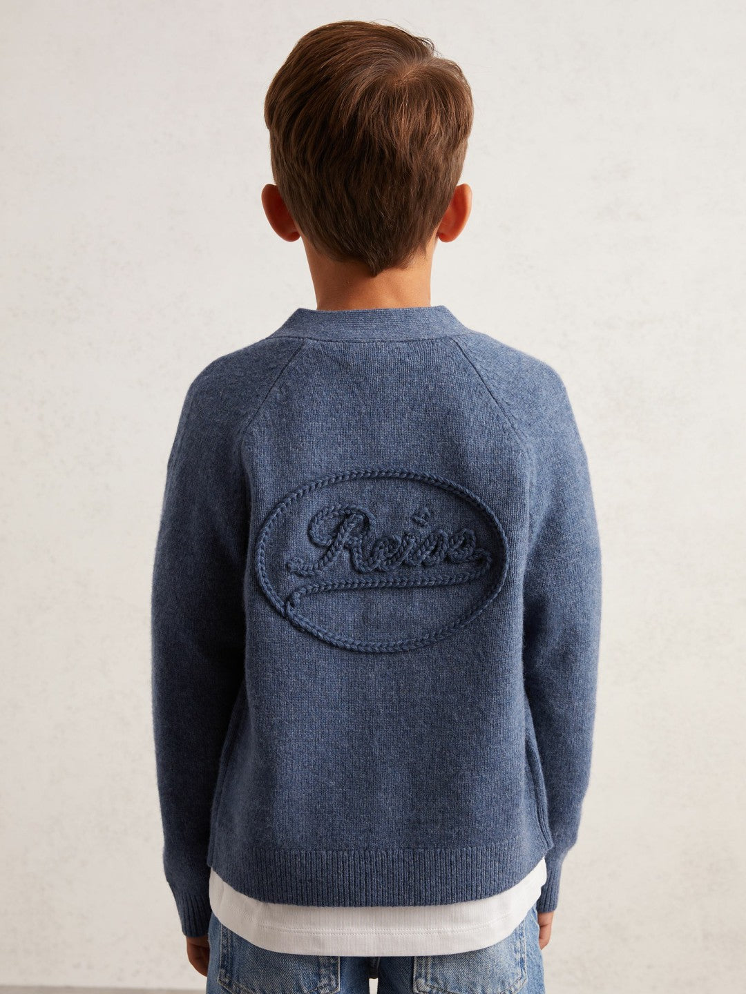 Reiss | 9-13 yrs Wool Embroidered-Logo Cardigan in Dark Airforce Blue