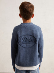 Reiss | 9-13 yrs Wool Embroidered-Logo Cardigan in Dark Airforce Blue