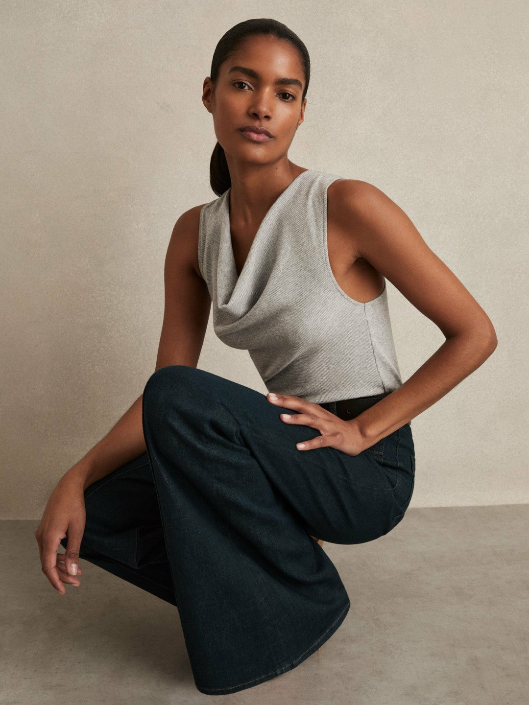 Reiss | Ribbed Cowl-Neck Vest in Grey Marl