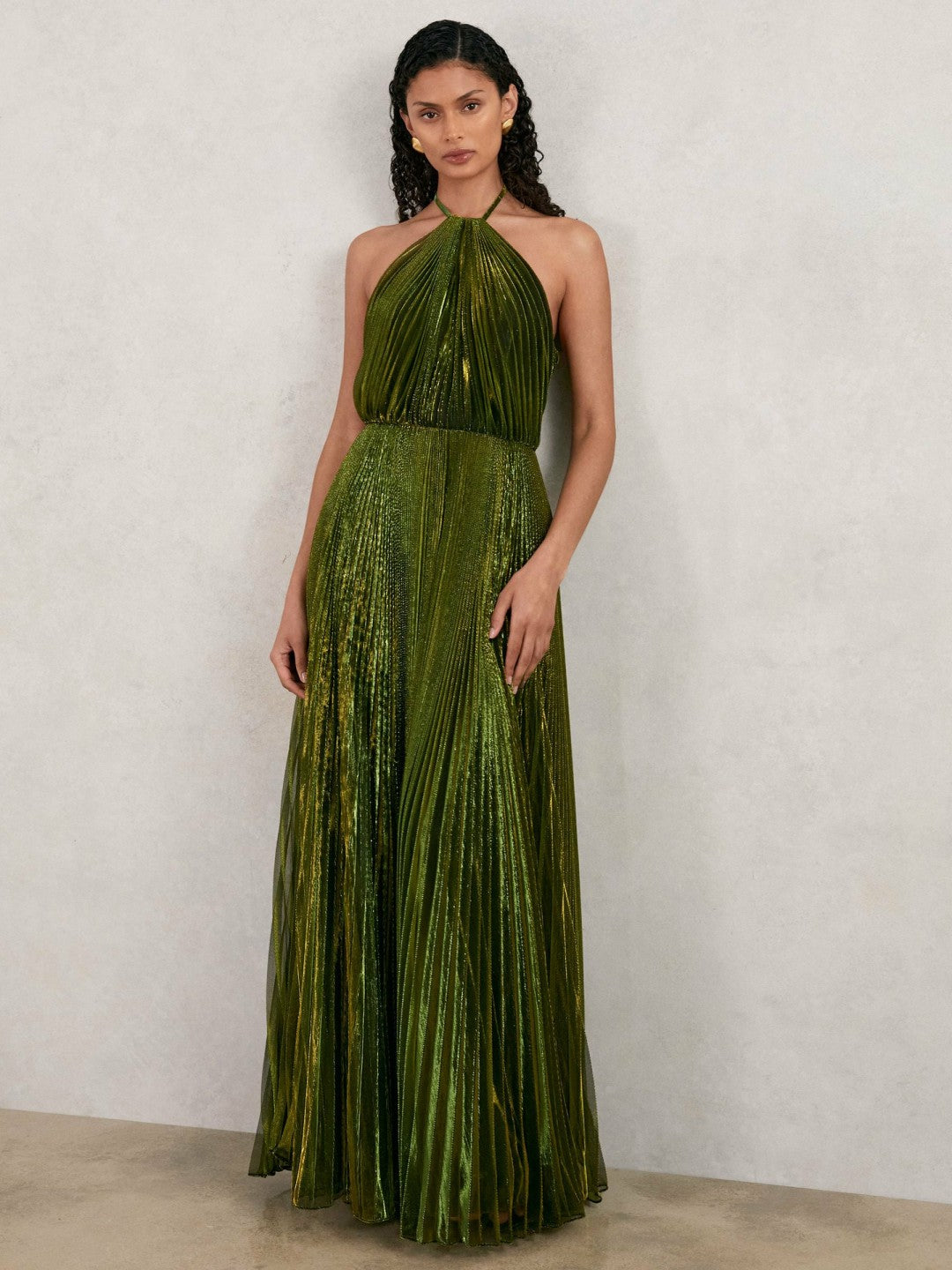Reiss | Halston Metallic Pleated Maxi Dress in Dark Olive Green