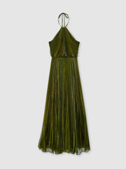 Reiss | Halston Metallic Pleated Maxi Dress in Dark Olive Green
