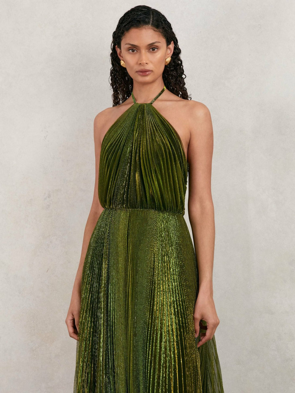 Reiss | Halston Metallic Pleated Maxi Dress in Dark Olive Green