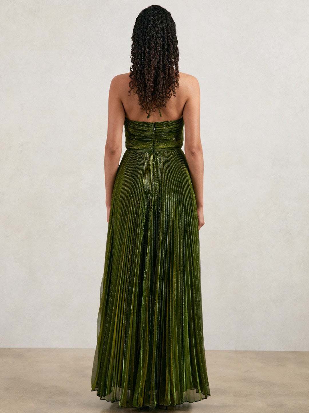 Reiss | Halston Metallic Pleated Maxi Dress in Dark Olive Green