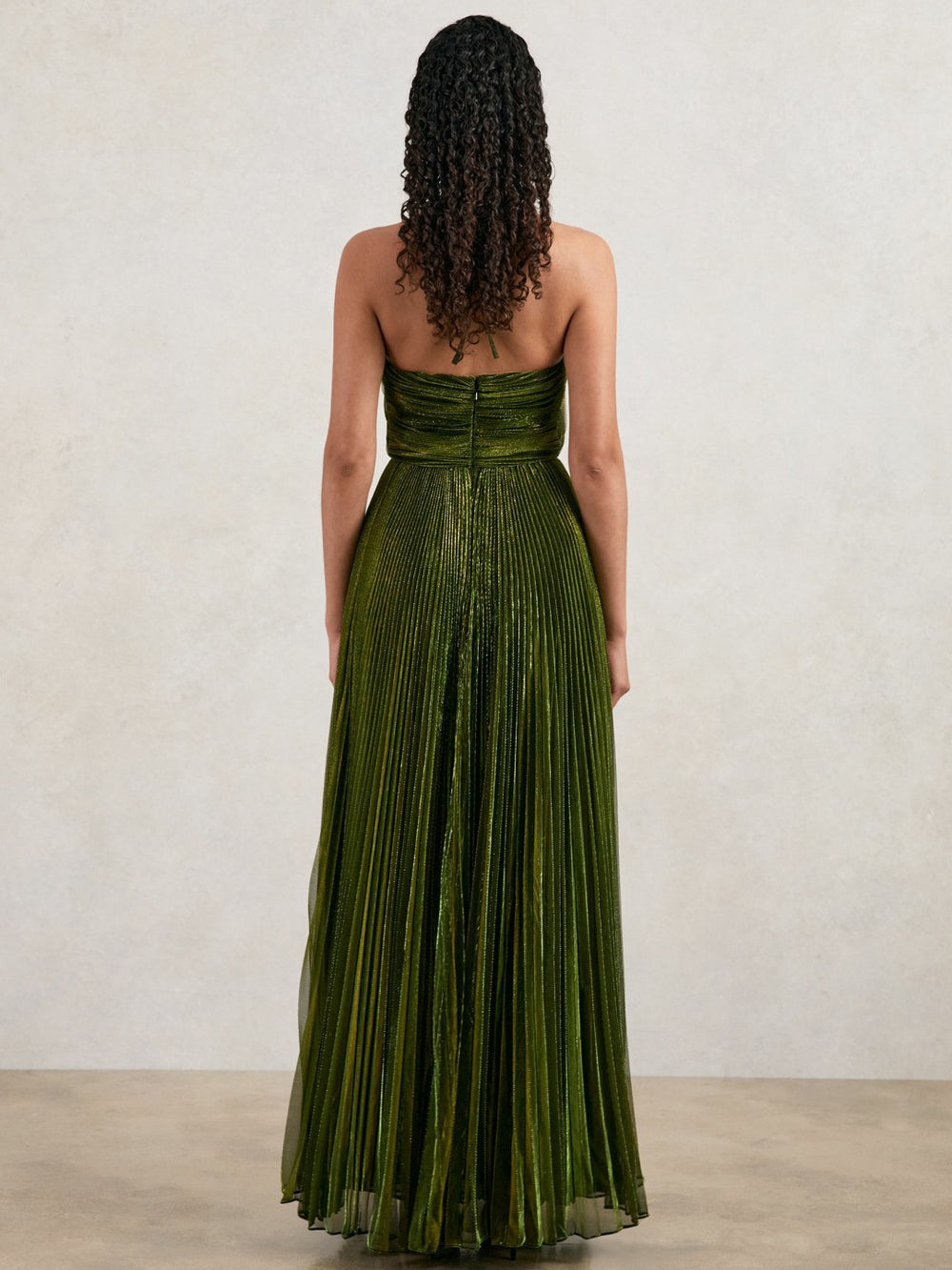 Reiss | Halston Metallic Pleated Maxi Dress in Dark Olive Green