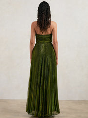 Reiss | Halston Metallic Pleated Maxi Dress in Dark Olive Green