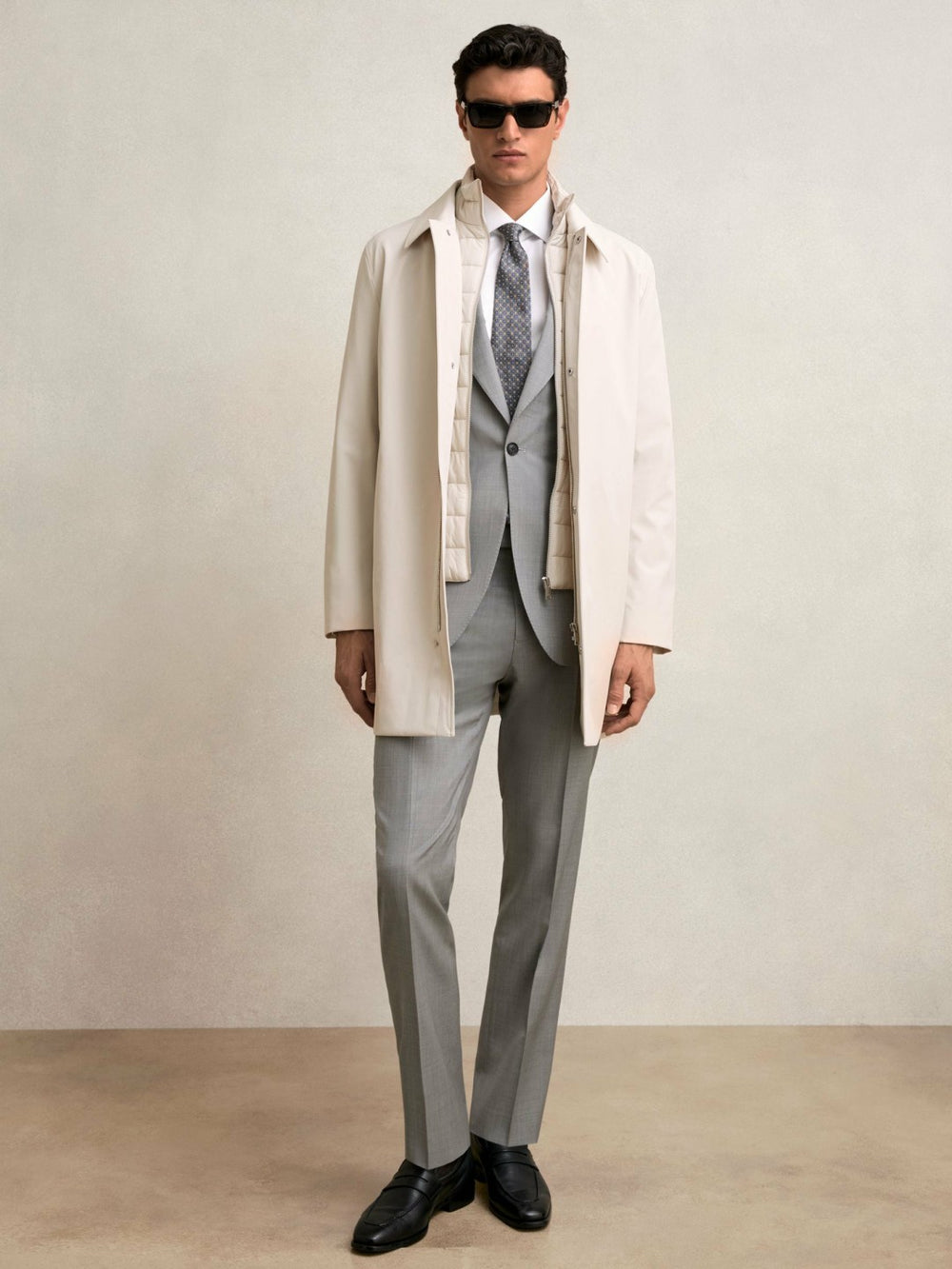 Reiss | Hybrid Removable Funnel Neck Overcoat in Light Stone