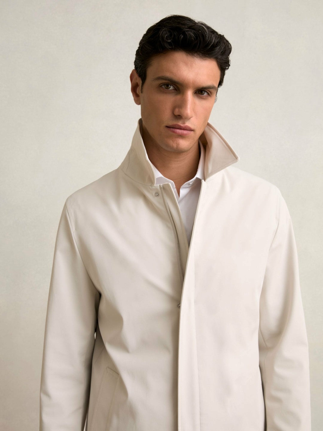 Reiss | Hybrid Removable Funnel Neck Overcoat in Light Stone