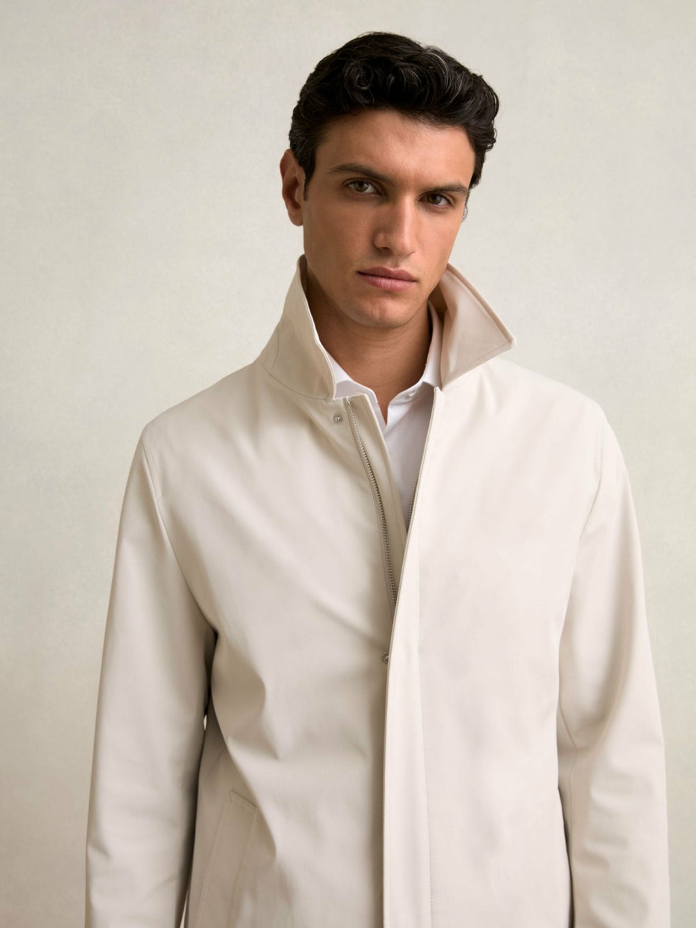 Reiss | Hybrid Removable Funnel Neck Overcoat in Light Stone