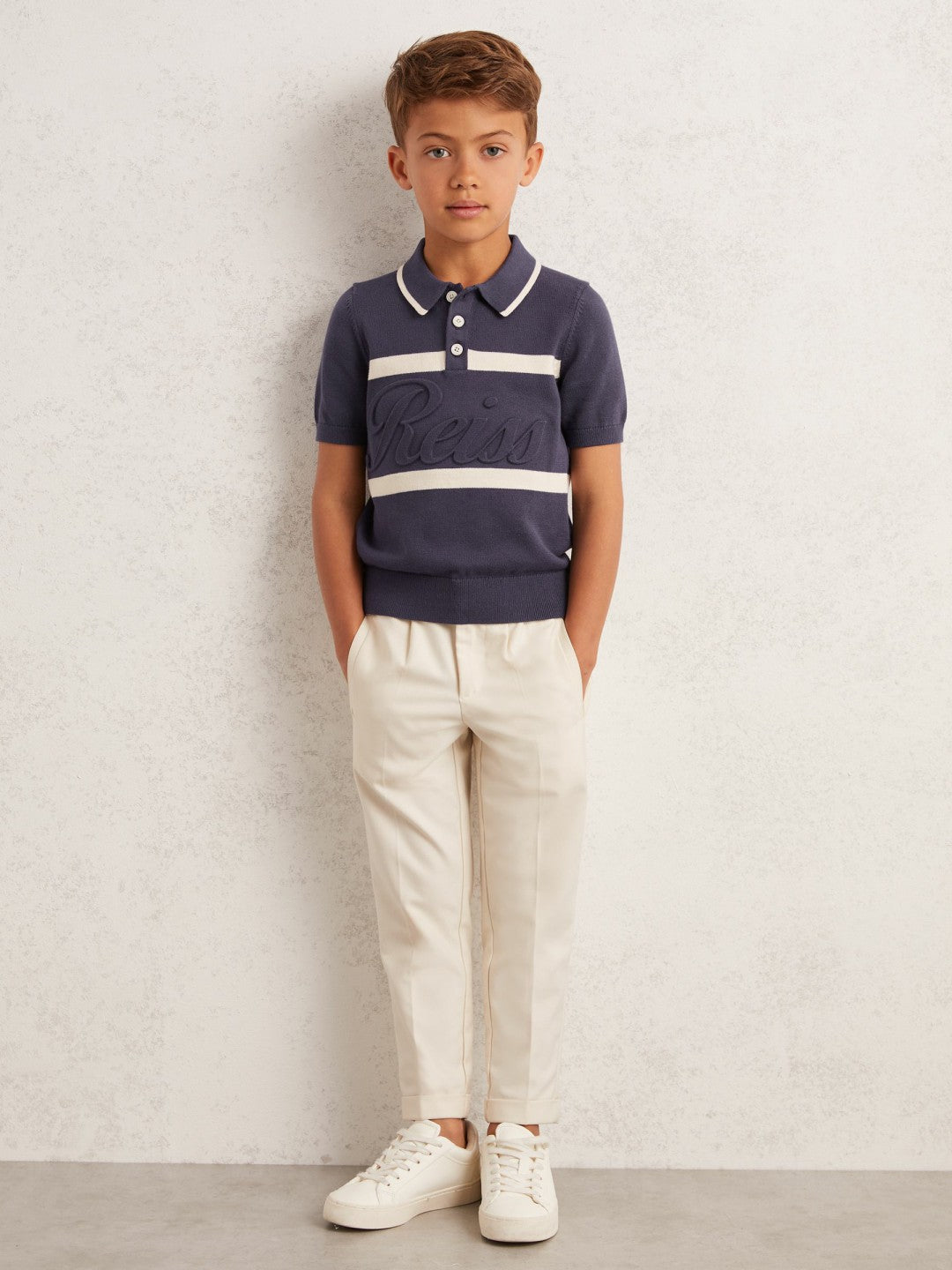 Reiss | 9-13 yrs Cotton Logo-Embossed Knit Polo Shirt in Indigo Blue/White