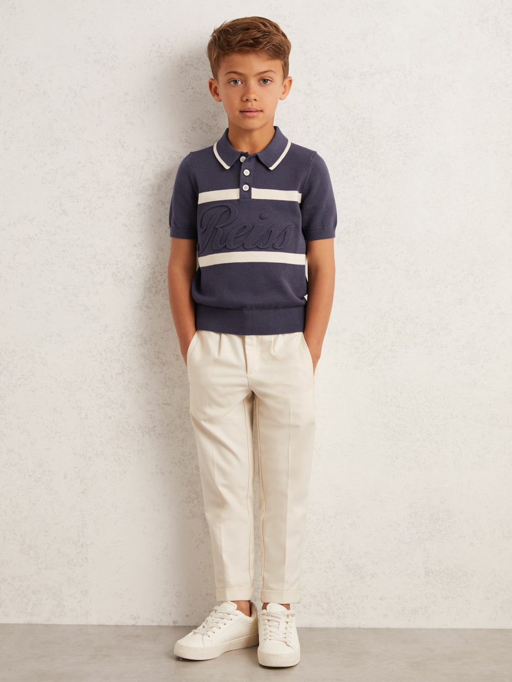 Reiss | 9-13 yrs Cotton Logo-Embossed Knit Polo Shirt in Indigo Blue/White