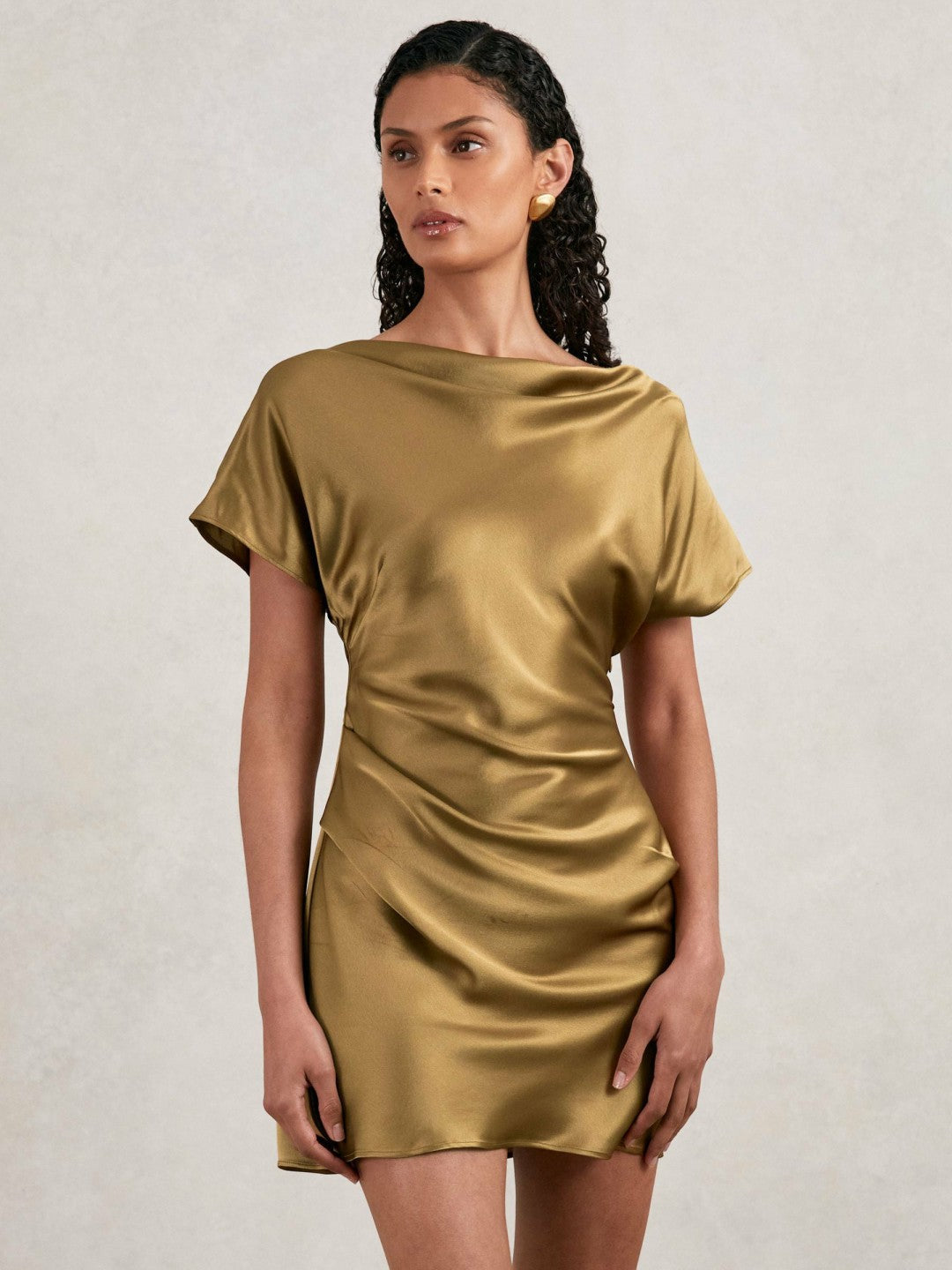 Reiss | Acler Draped Satin Mini Dress in Gold Moss