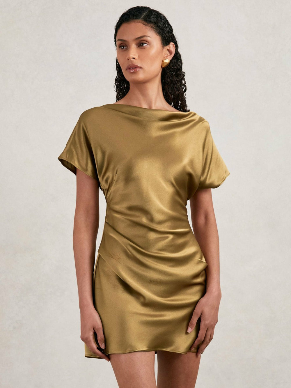 Reiss | Acler Draped Satin Mini Dress in Gold Moss