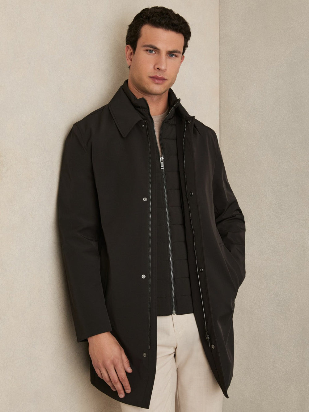 Reiss | Hybrid Removable Funnel Neck Overcoat in Brown