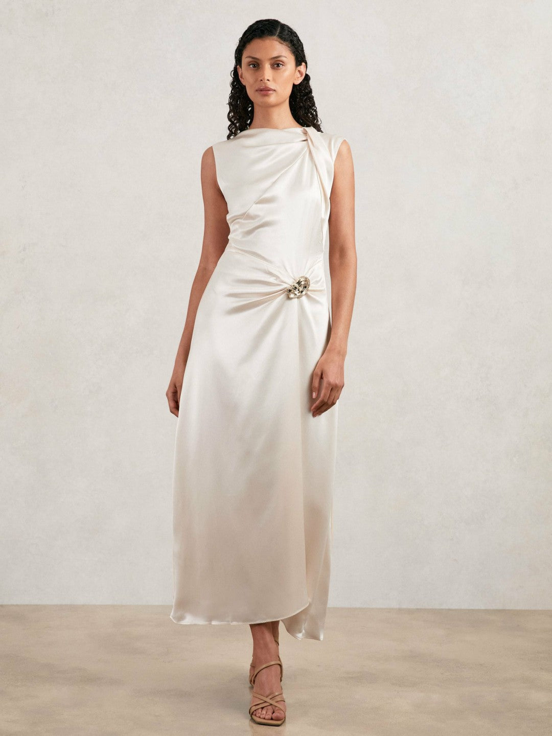 Reiss | Acler Satin Draped Maxi Dress in Ivory