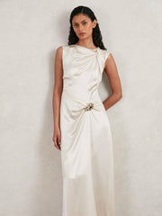 Reiss | Acler Satin Draped Maxi Dress in Ivory