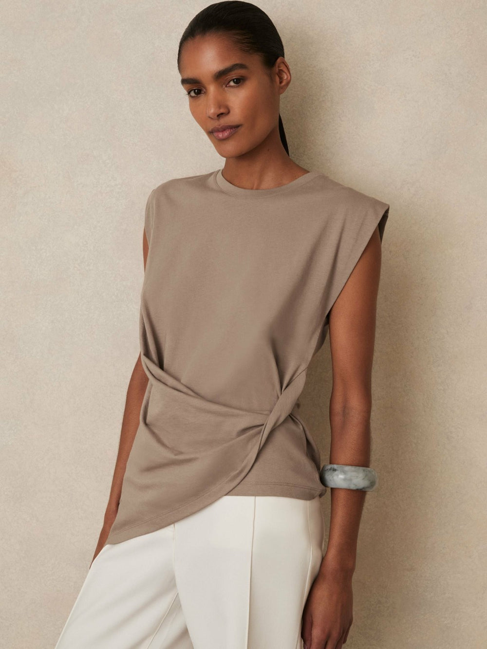 Reiss | Cotton Drape T-Shirt in Taupe Neutral