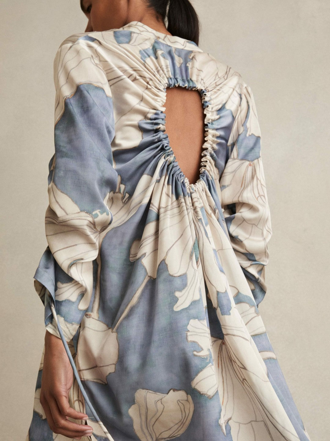 Reiss | Floral Print Gathered Cut Out Shirt Dress in Blue