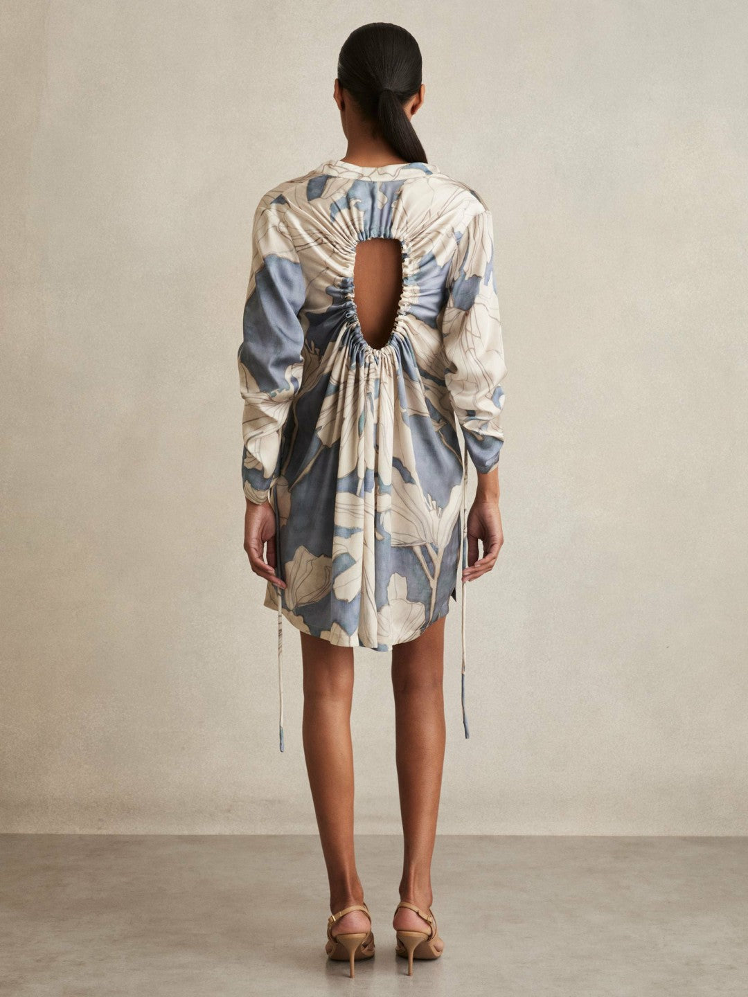 Reiss | Floral Print Gathered Cut Out Shirt Dress in Blue