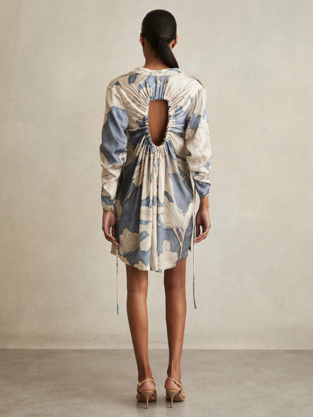 Reiss | Floral Print Gathered Cut Out Shirt Dress in Blue