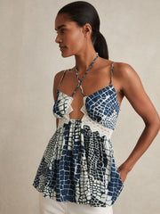 Reiss | Animal Print Lace Trim Cami Top in Blue