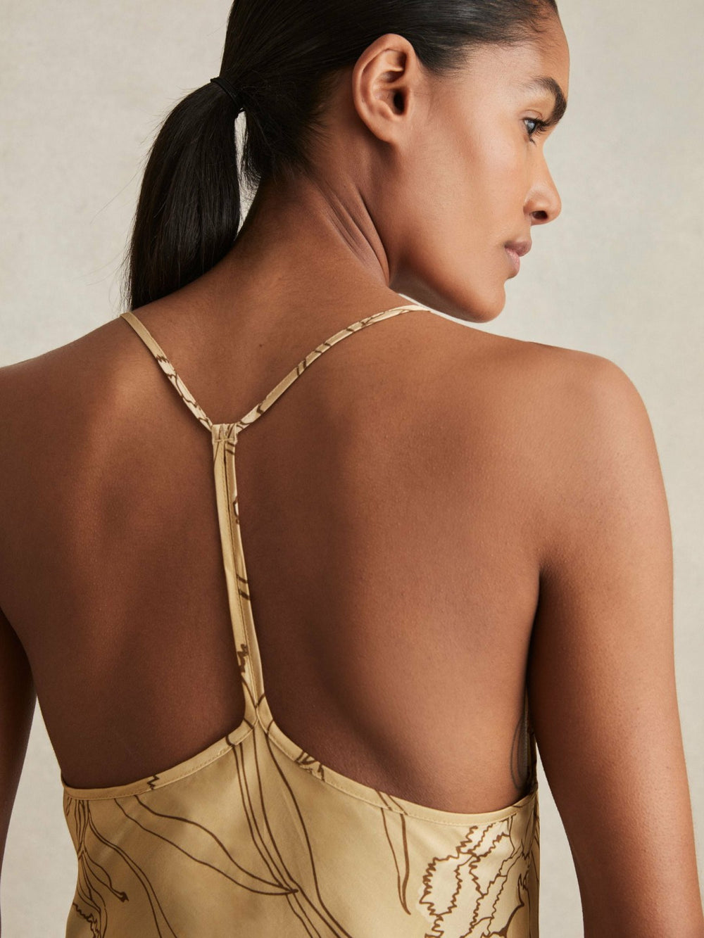 Reiss | Satin Floral-Print Slip Maxi Dress in Gold