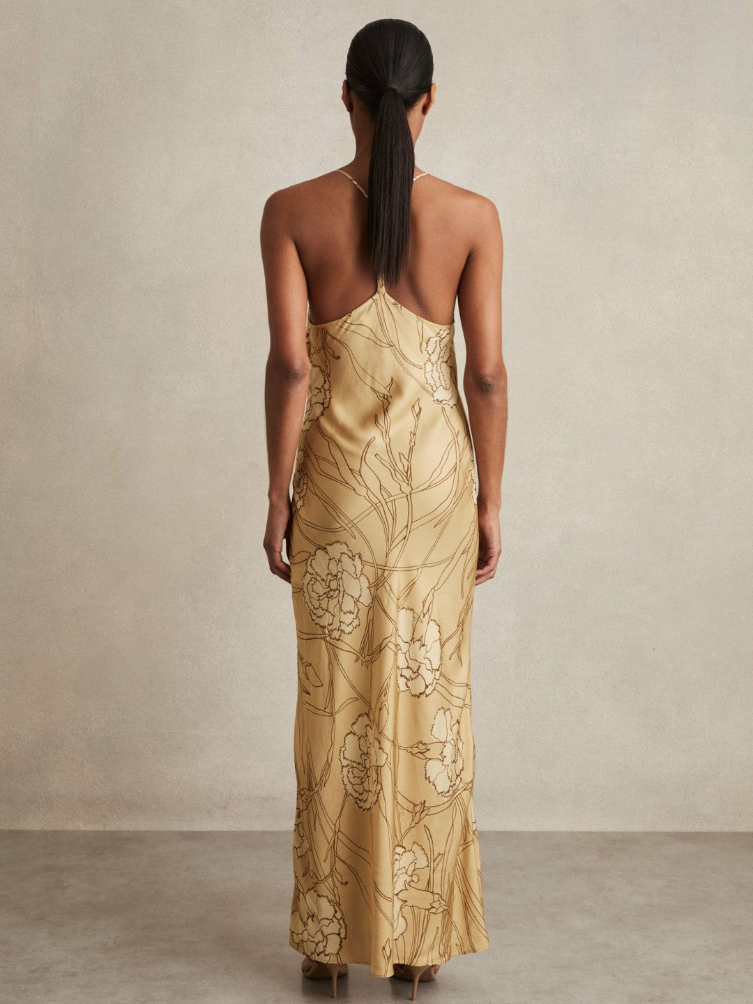 Reiss | Satin Floral-Print Slip Maxi Dress in Gold