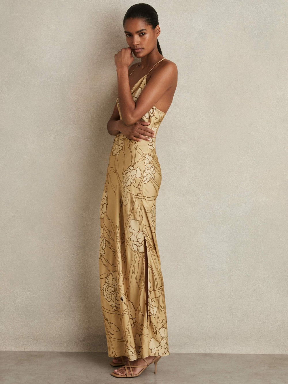 Reiss | Satin Floral-Print Slip Maxi Dress in Gold