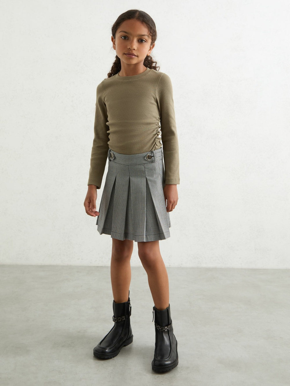 Reiss | 13-14 yrs Cotton Ruched Long-Sleeve T-Shirt with Stretch in Khaki