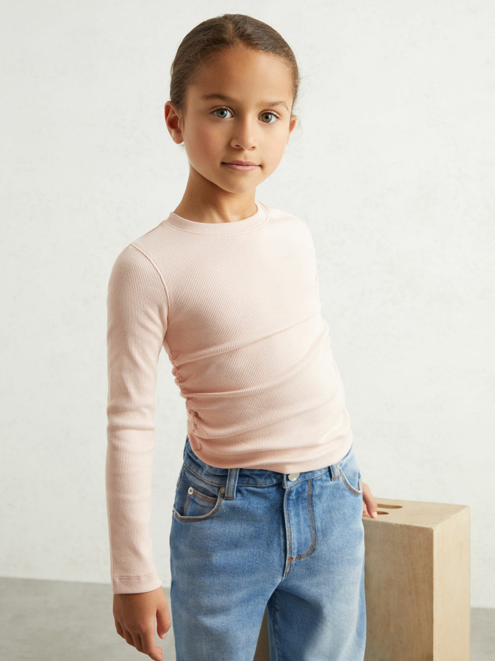 Reiss | 13-14 yrs Cotton Ruched Long-Sleeve T-Shirt with Stretch in Pale Pink