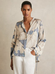 Reiss | Floral Print Gathered Cut Out Shirt in Blue