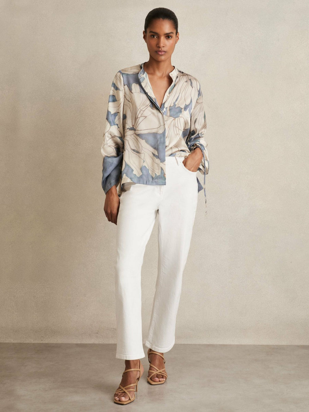Reiss | Floral Print Gathered Cut Out Shirt in Blue